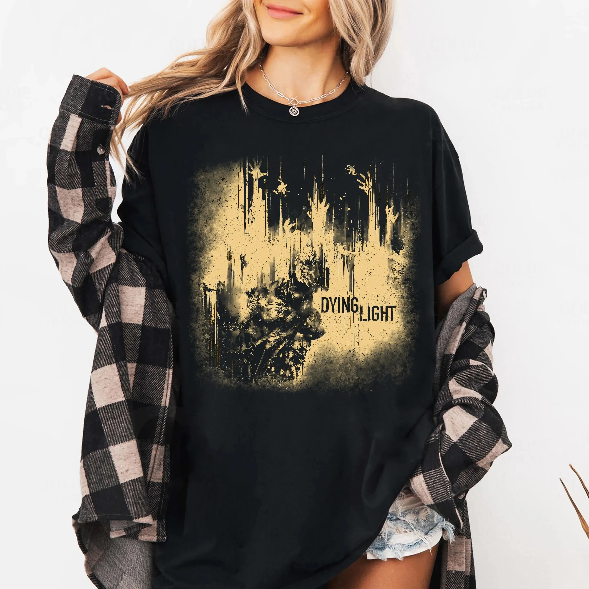 الموت ضوء الوحش قميص لعبة الرعب قميص غيبوبة بقاء الألعاب تي شيرت أسود عادية طاقم الرقبة للجنسين الرجال النساء جميع المواسم