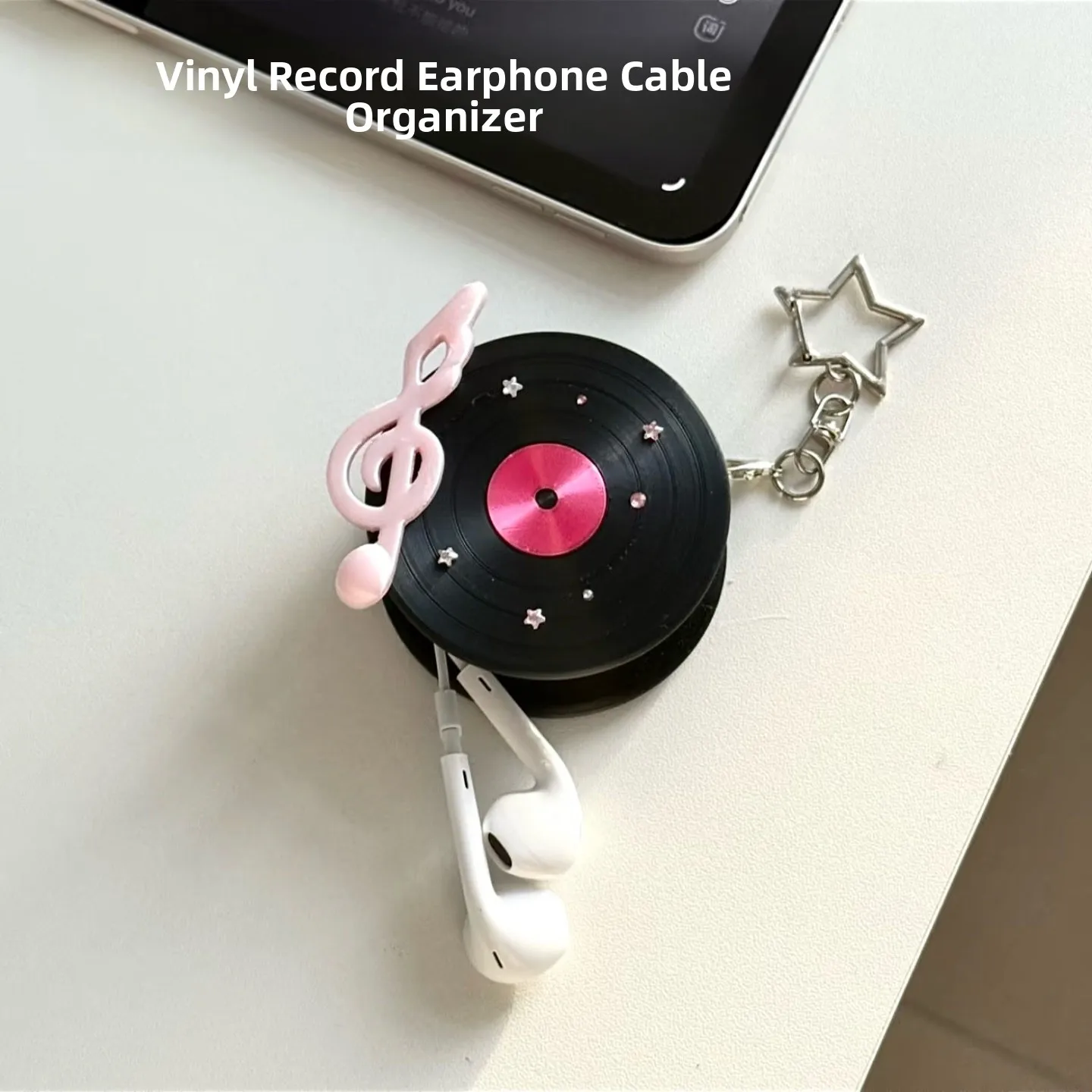 3D Printed Black Vinyl Record Wired Earphone Organizer Korean Style High Aesthetic Value Creativity Gift Keychain Plastic Mat...