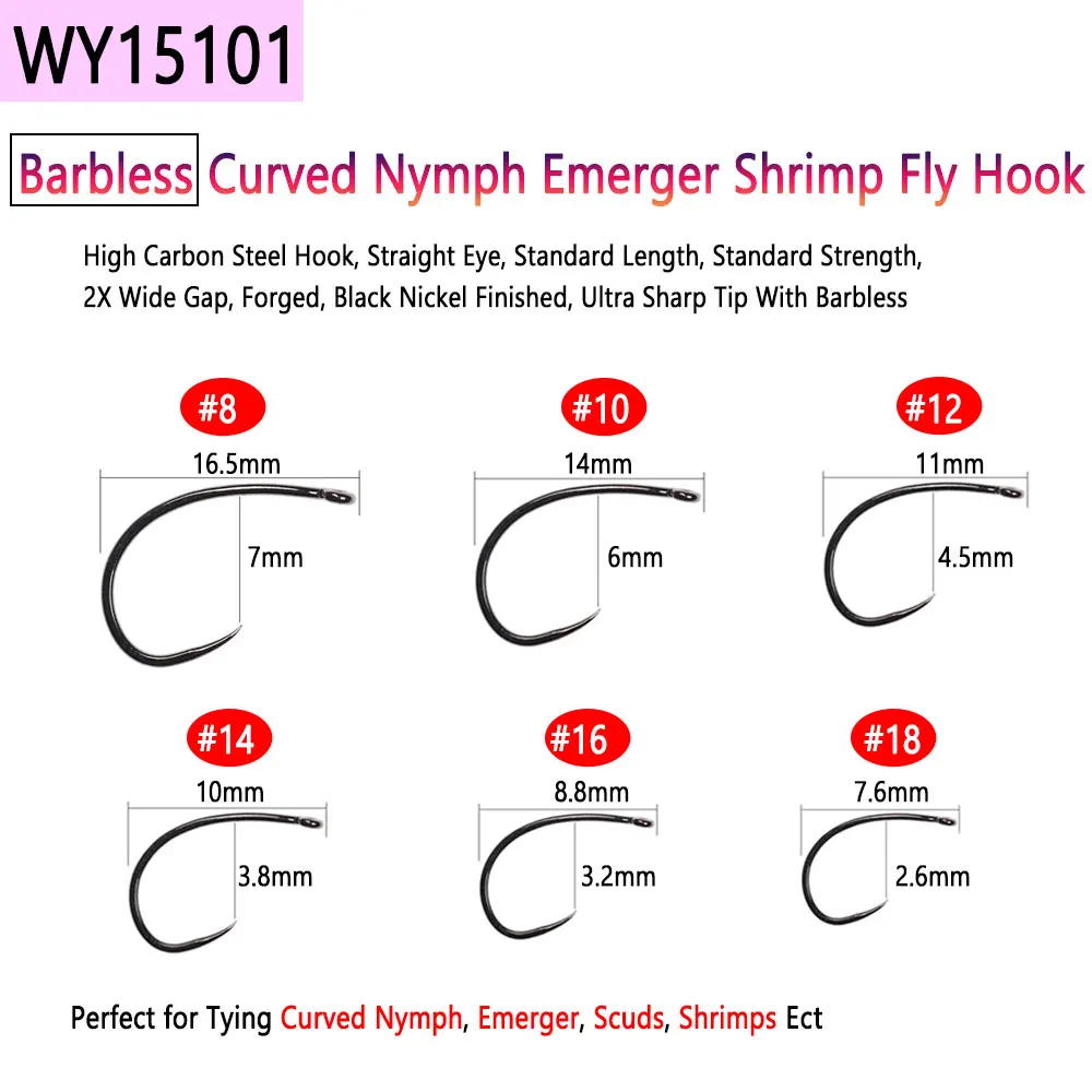 Bimoo 50pcs High Carbon Steel Barb Barbless Fly Tying Hook For Dry Wet  Nymph Jig Nymph Streamer Caddis Fly Trout Fishing Lures