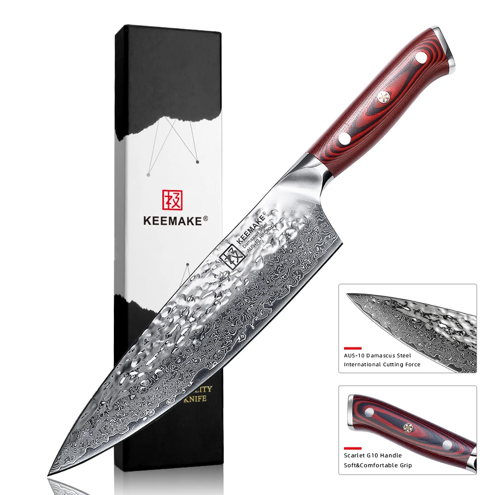 

Sunnecko 8" Hammer Damascus Steel Chef Knife AUS10 Core Blade G10 Handle Japanese Kitchen Chef's Cook Knives Sharp Meat Cut