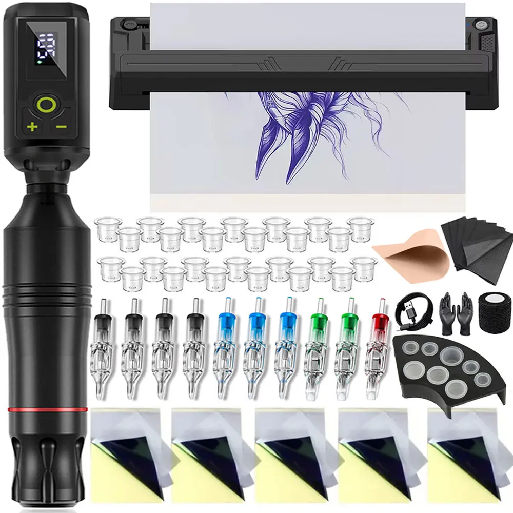Wireless Tattoo Printer Kit Rotary Tattoo Machine Pen Set with Stencil Machine Mini Wireless Power Supply for Artists Tattoo Kit