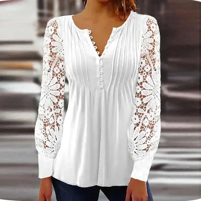 Vintage Lace Shirt Women Autumn Long Sleeve Solid Color Tops Ladies Casual T-shirts Fashion Loose Tee Sexy Pullover 2024