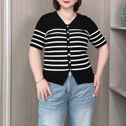 V-neck Ice Silk Knitted Cardigan Tees Women 2024 Summer New Plus Size Casual Thin Short Sleeve T-shirt