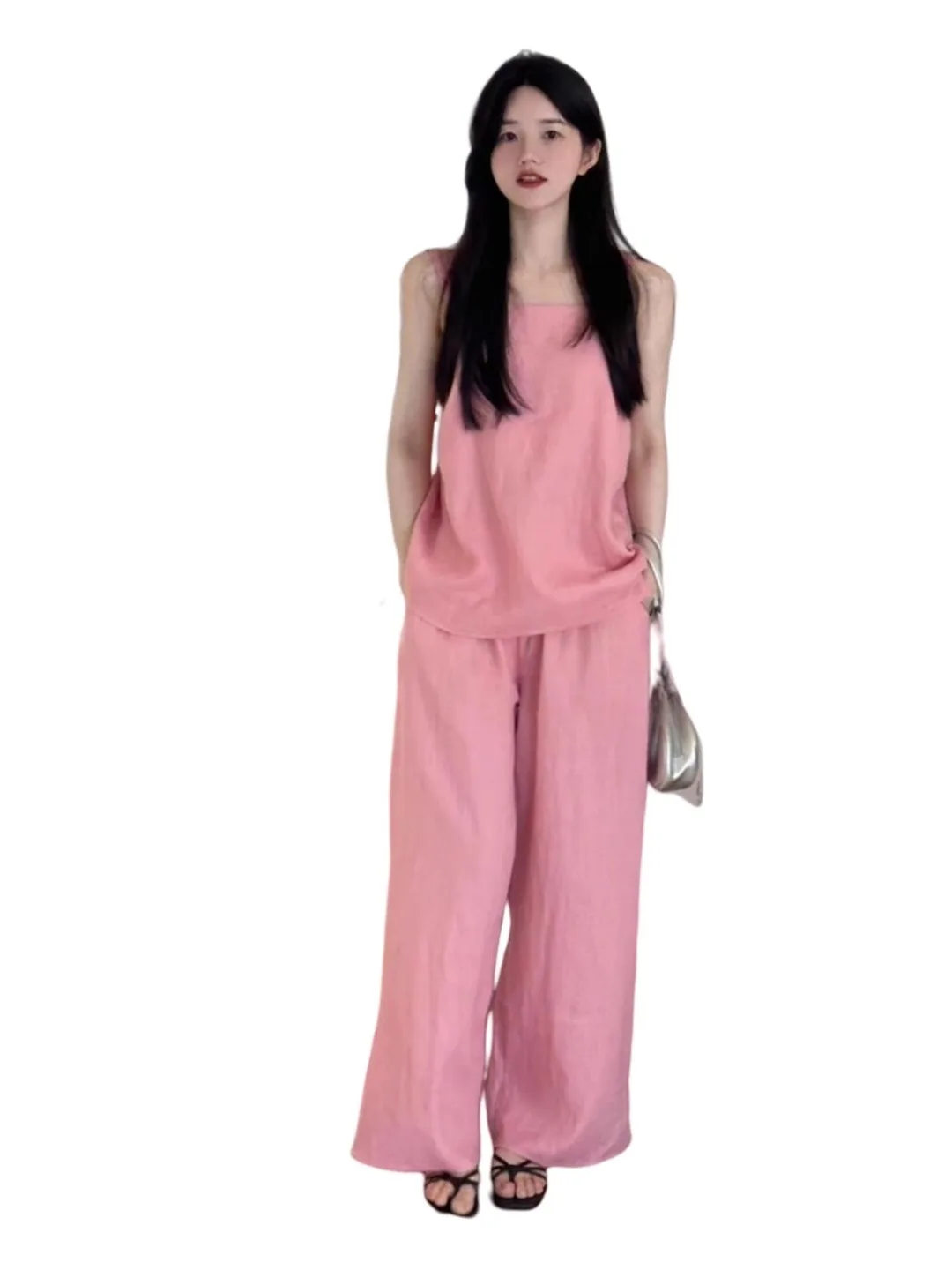 Verão 2025 novo coreano sle casual algodão linho cinta conjunto feminino adolescente sentimento rosa topo calças de perna larga conjunto de duas peças