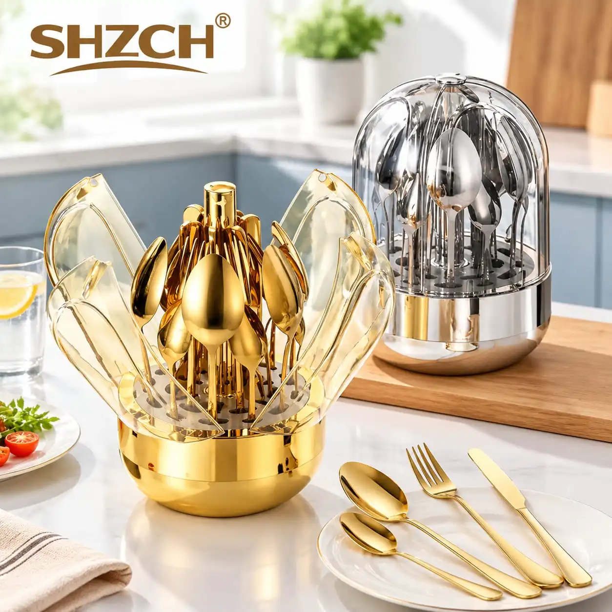 Egg-shaped stainless steel western food knife, fork and spoon tableware 24-piece set, rotatable tableware set, beautiful kitche