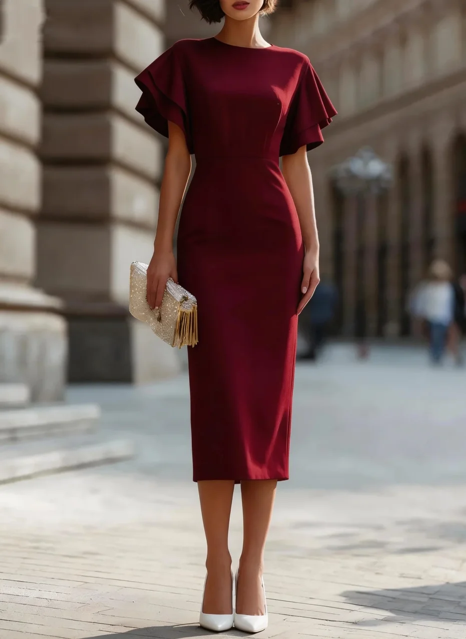 Women's Elegant Ruffle Sleeve Bodycon Midi Dress with Round Neck and Fitted Silhouette - view 5