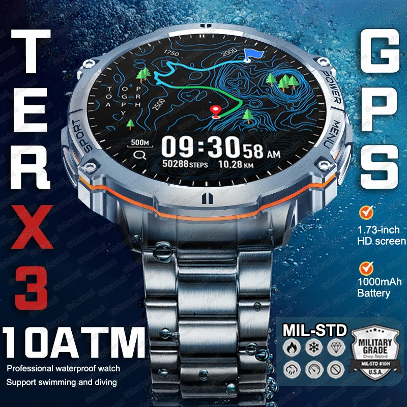 

T-Rex 3 Swim Sports Smart Watch 10ATM IP69K Waterproof Clock GPS Compass Altimeter Call Military 1000mAh battery Smartwatch Men