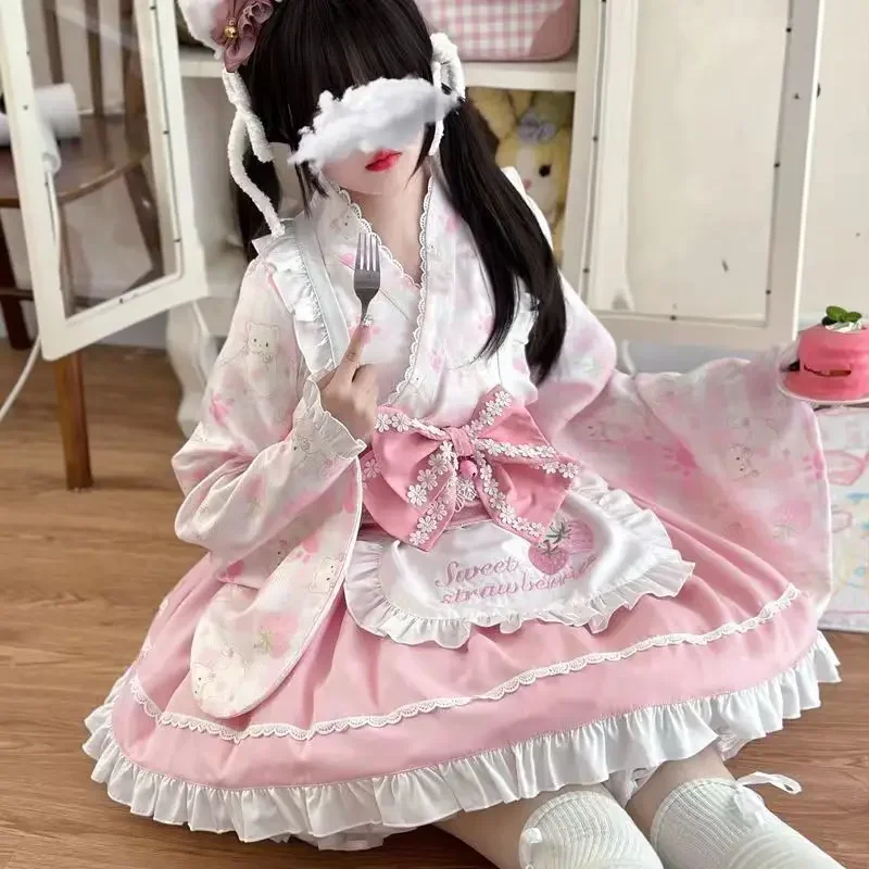 Japanese Lolita 3 Pieces Set Women Y2k Aesthetic Cartoon Print Lace Patch Tops + Kawaii Slim Ruffle Skirts+Bow Apron Cute Suit