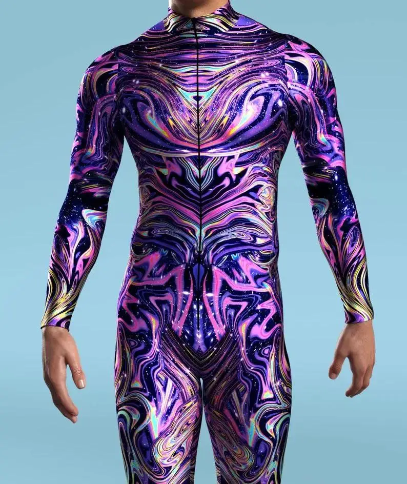 Mehrfarbiger Digitaldruck-Jumpsuit für Damen, Cosplay, Halloween, Karneval, Kostümparty, Performance, Reißverschluss, elastischer, schmaler Bodysuit – Detail 21