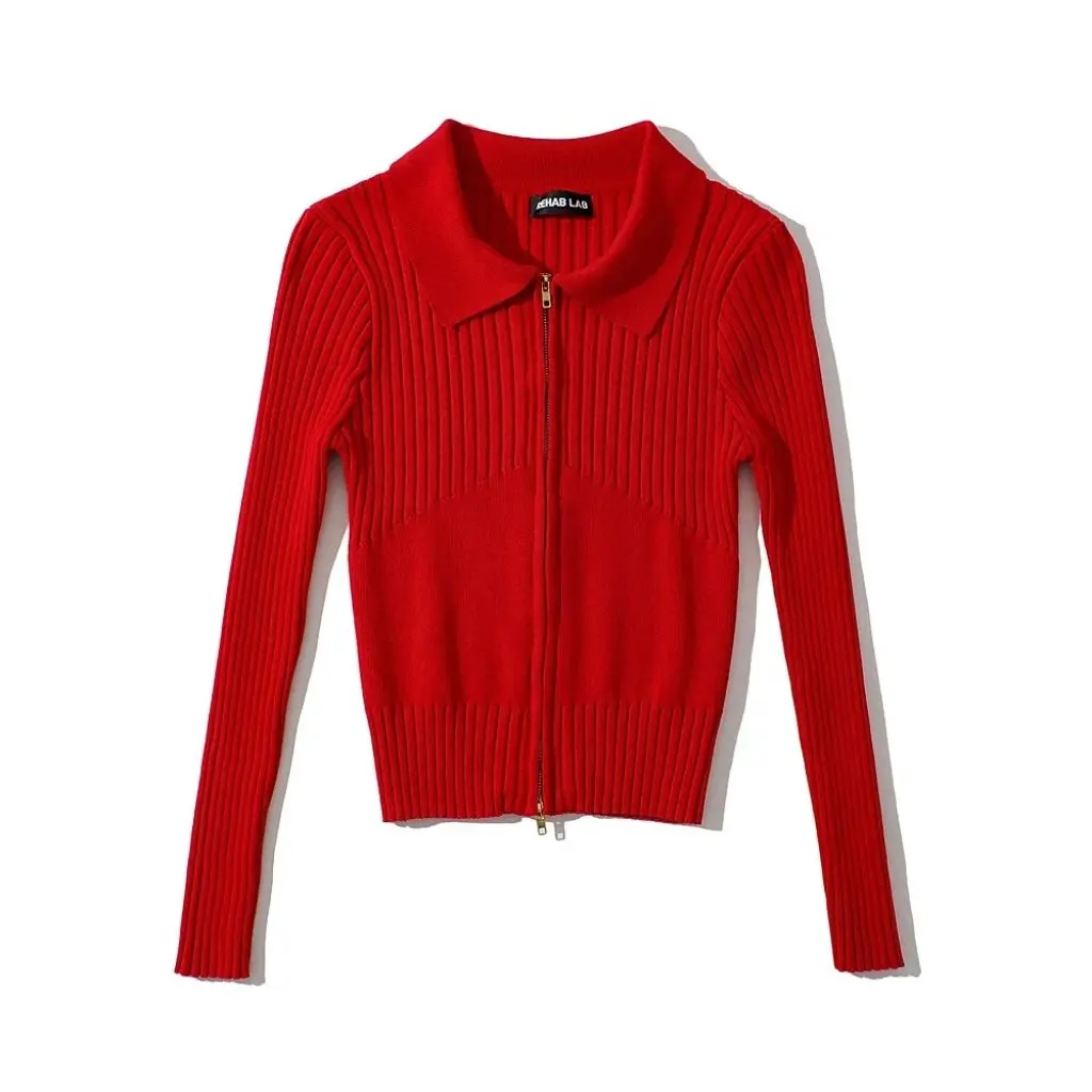 レディース スリムフィット ニット カーディガン ダブルジッパー ラペル ショート セーター ジャケット 無地 タイトウエスト 春 ホットスタイル