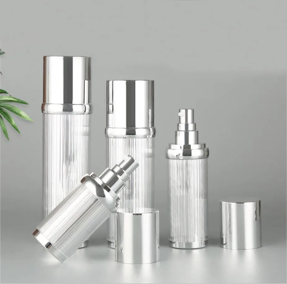 

100ml shiny silver lined shape acrylic/plastic bottle airless serum/lotion/emulsion/foundation/skin care bottle cosmetic packing