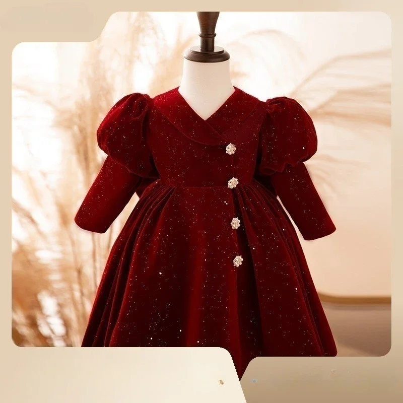 Children Dress 2023 Autumn and Winter New Girl Princess Dress Wine Red Long Sleeved Velvet Treasure  Dress Girls Clothes