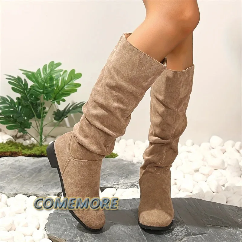 Plisowane buty damskie Faux Suede Flock Knee High Boots 2024 Winter Woman Fashion Slip on Square Low Heeled Knight Booties Mujer