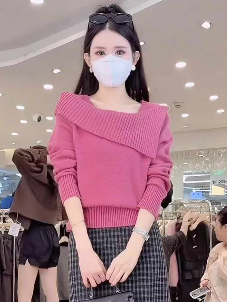 

Sli Korean Sle Knitted Sweater Women's Faionable High-Quali Top for Early Autumn Seasonal Faionable Ladies' irt