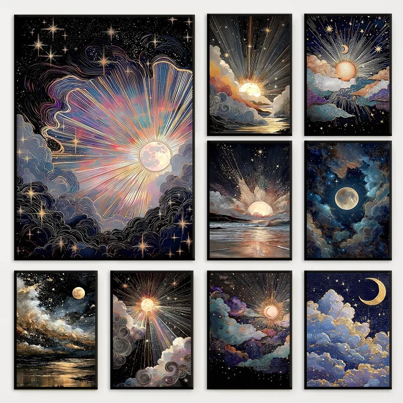 Mystical Sun Stars Moon Cosmic Boho Poster Cosmic Dawn Celestial Fantasy Sky Canvas Painting Wall Art for Living Room Home Decor