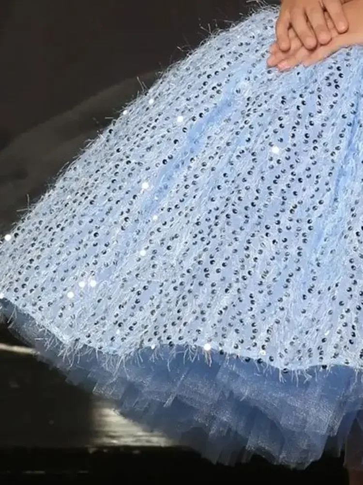 فساتين فتاة الزهور لامعة السماء الزرقاء الزفاف الترتر فساتين مخصصة القوس فتاة الاطفال عيد ميلاد الكرة ثوب المناولة المقدسة الأولى #5