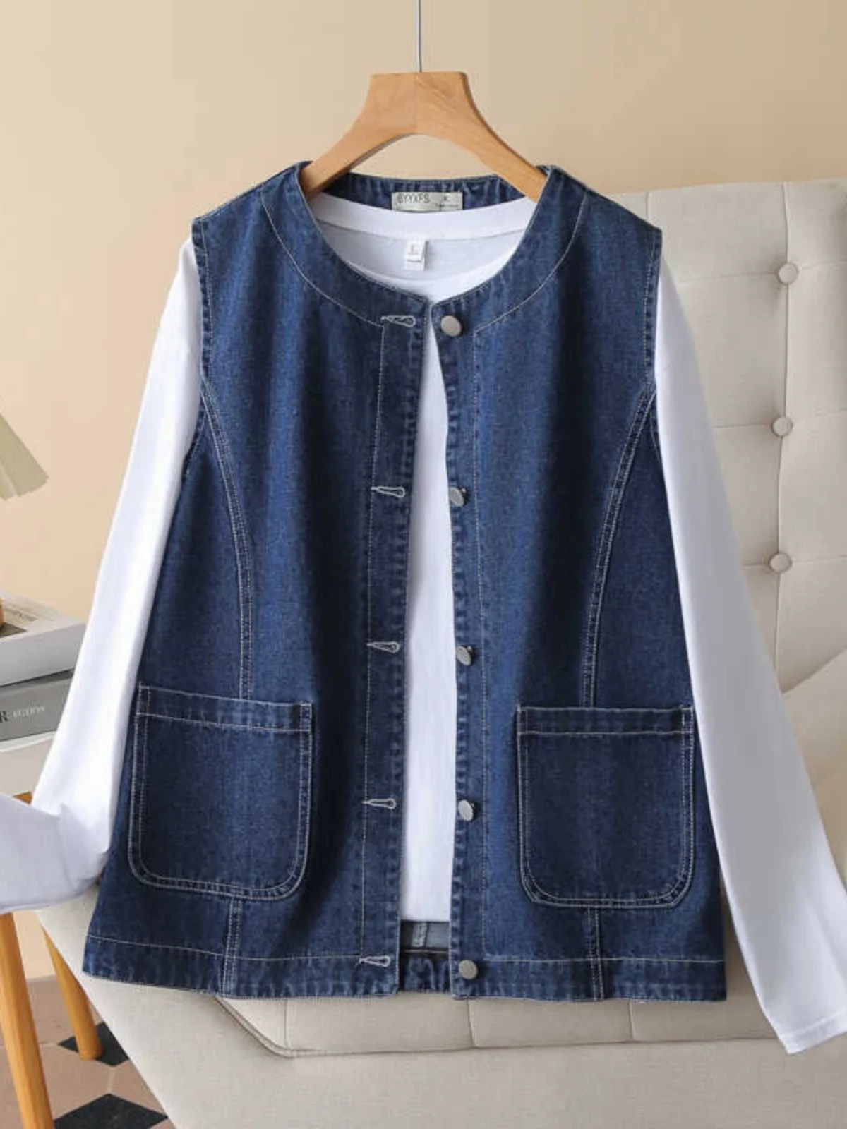 

plus Size Women's Autumn New Style Slimming No-Sleeve Vest Jacket Loose Casual Blue Denim Shoulder Pad Top Cover Belly