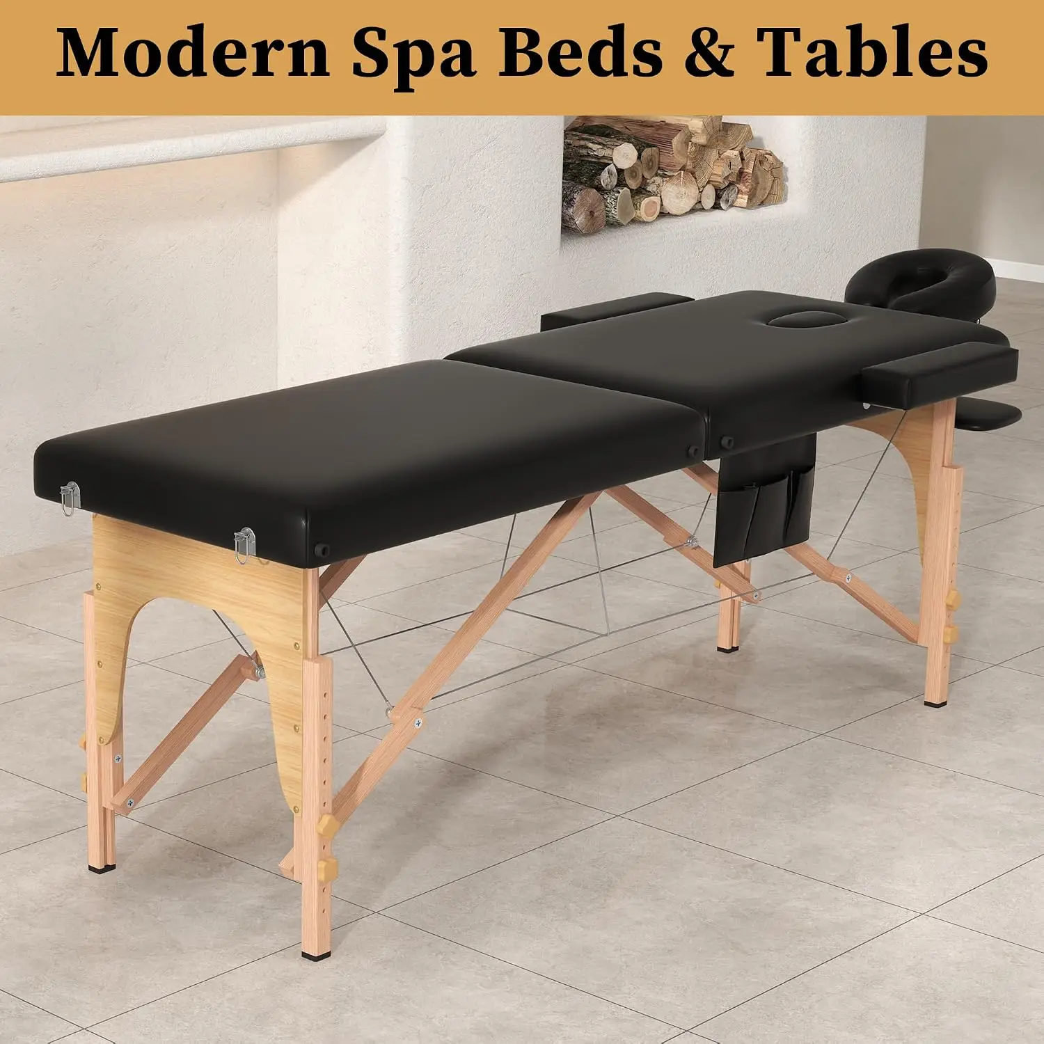 Black 72.8x23.6 In Portable Folding Wood Massage Table 496 LBS Capacity Height Adjustable 24.4-34.6 In Face Cradle Side Pocket Lash Tattoo Spa Bed