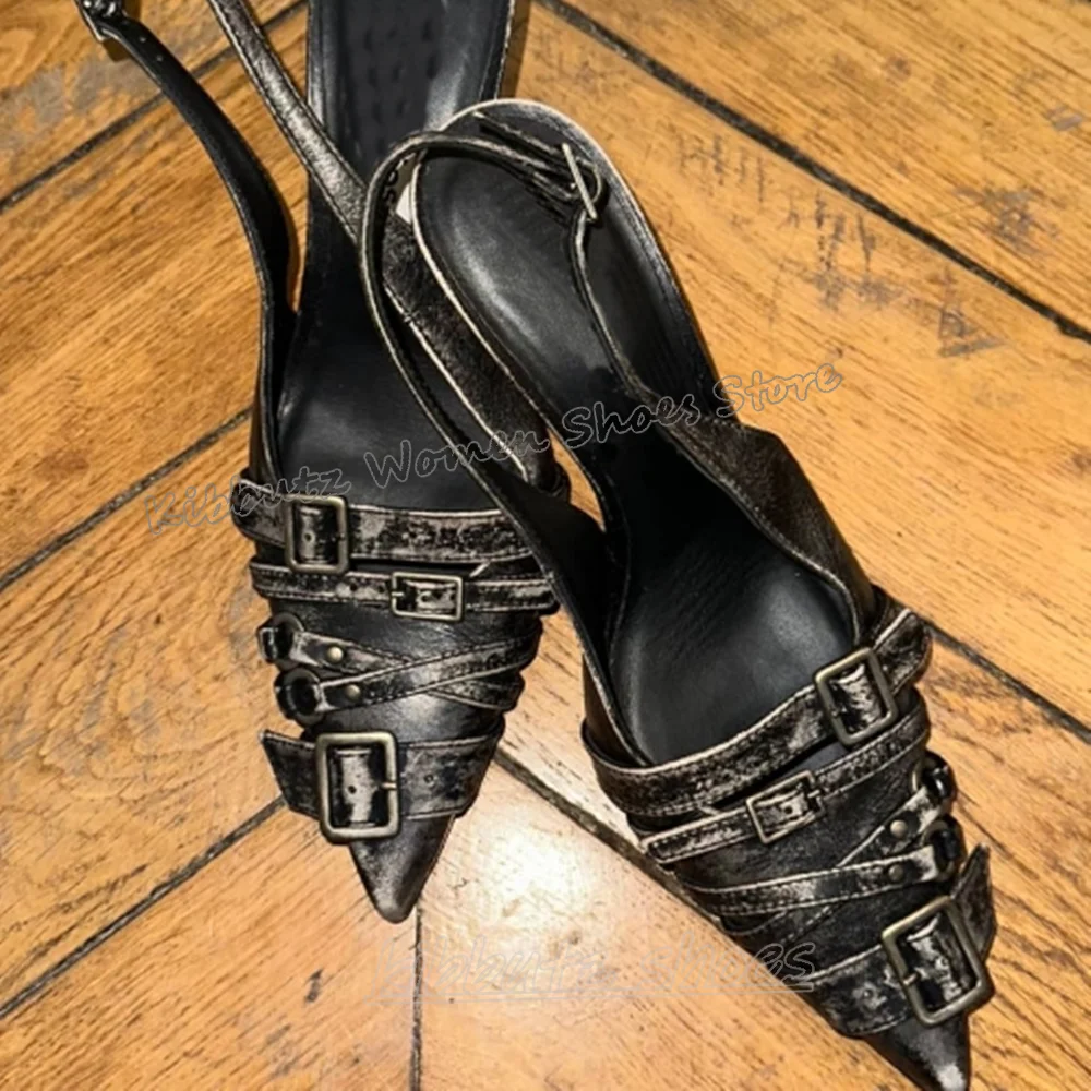 

Vintage Pumps Belt Buckle Pointed Toe Thin Heels Leather Fashion Luxury Elegant Concise Sexy Women Shoes Newest Gothic Punk Rock