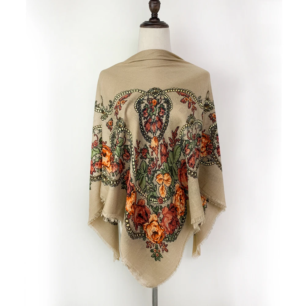 120*120cm Luxury Floral Russian Square Scarf Women Breathable Thin Bandana Foulard Femme Ethnic Travel Sunshade Beach Shawls