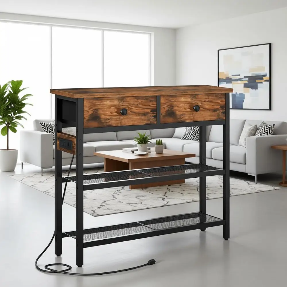 

29.5 Narrow Console Table with Power Outlet, Fabric Drawers, Behind Sofa Storage, 3-Tier Shelves, Suitable for Living Room and H