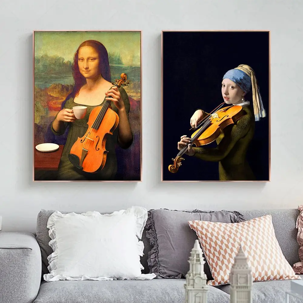 (No frame)Mona Lisa Coffee Break The Pearl Earring Girl Fiddle Poster Funny Toilet Wall Art Canvas Painting Print Home Decora