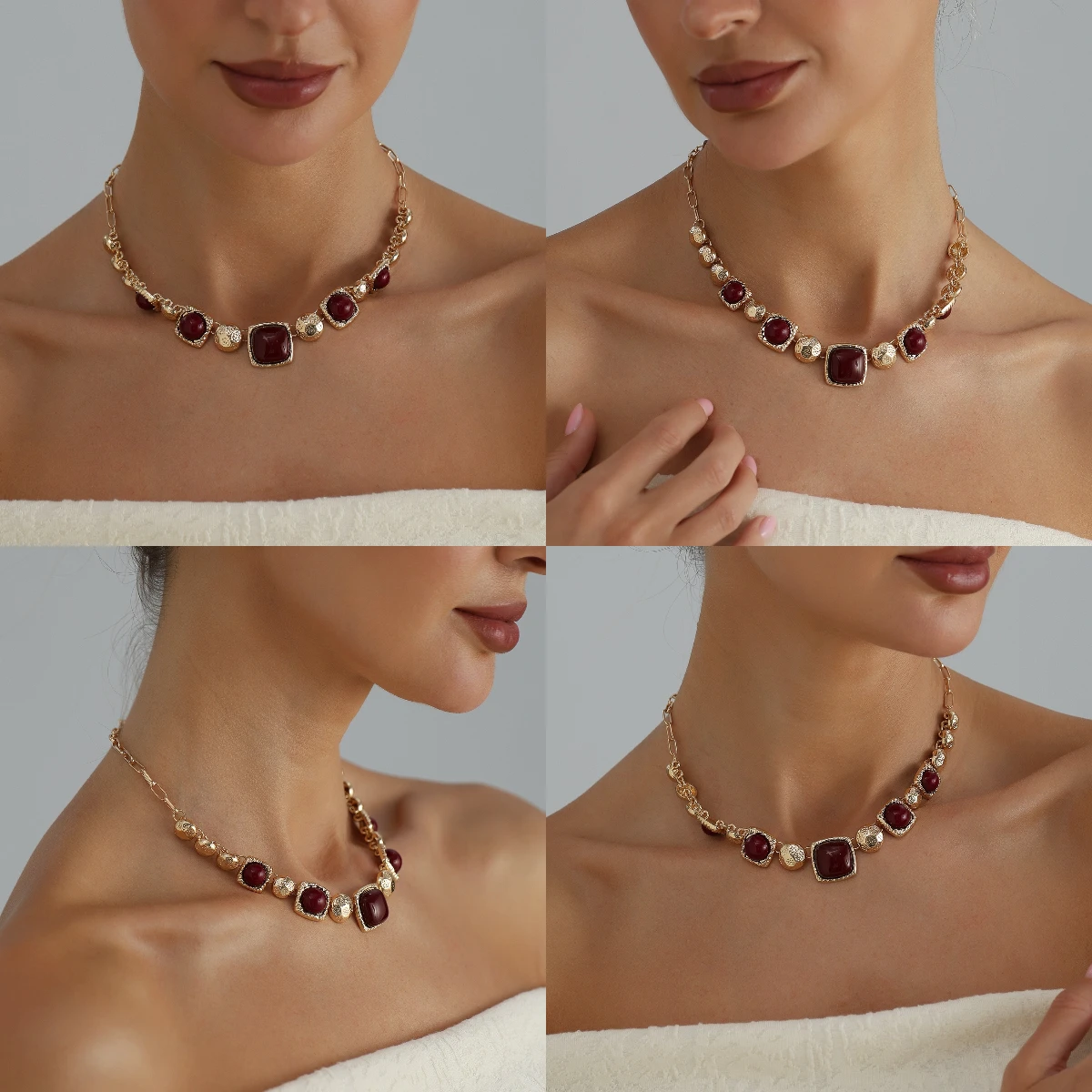 Cross border jewelry, vintage collision gold geometric square necklace, high-end metallic collarbone chain