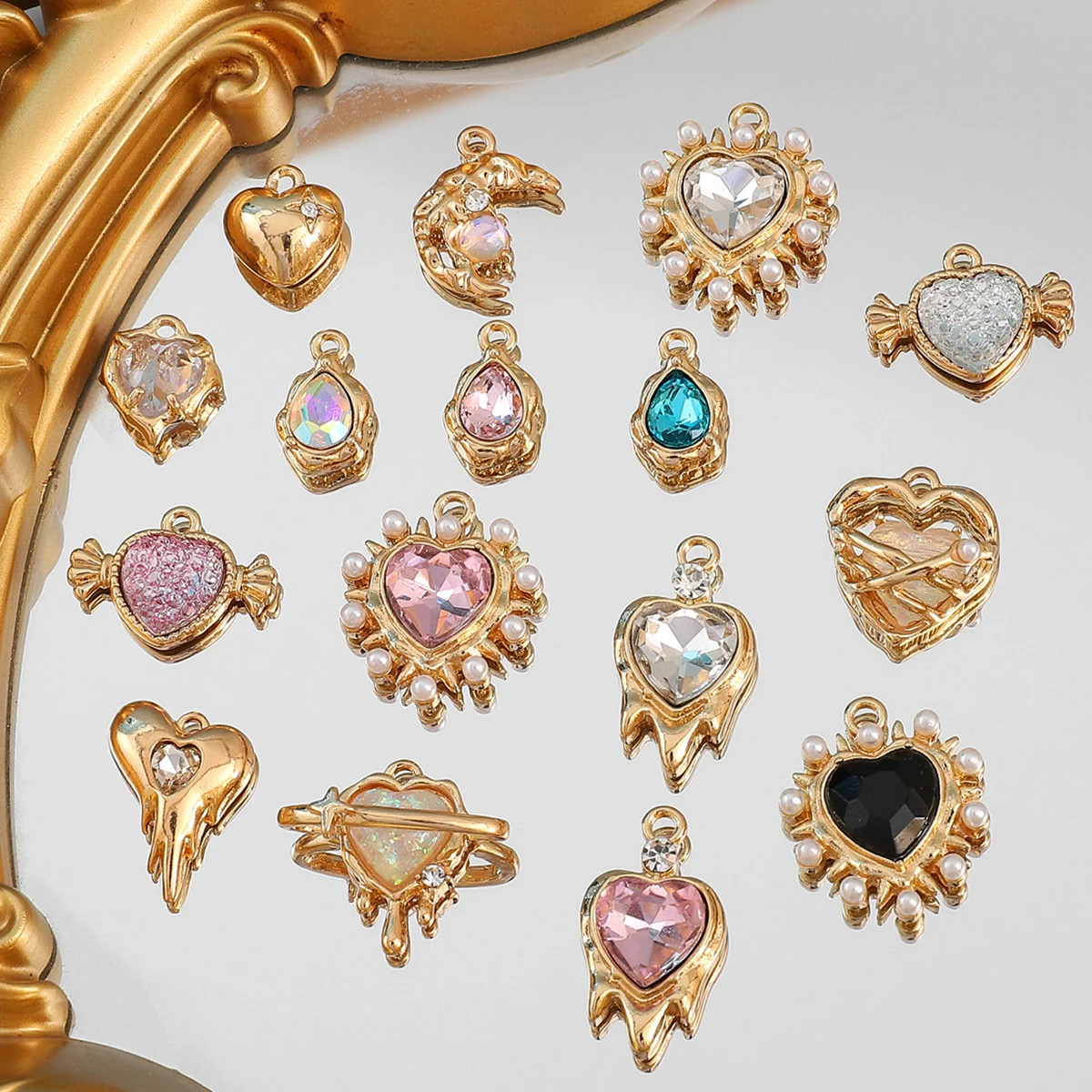 5-18pcs Alloy Colored Rhinestone Love Charms DIY Handmade Necklace Earring Pendant Jewelry Accessories