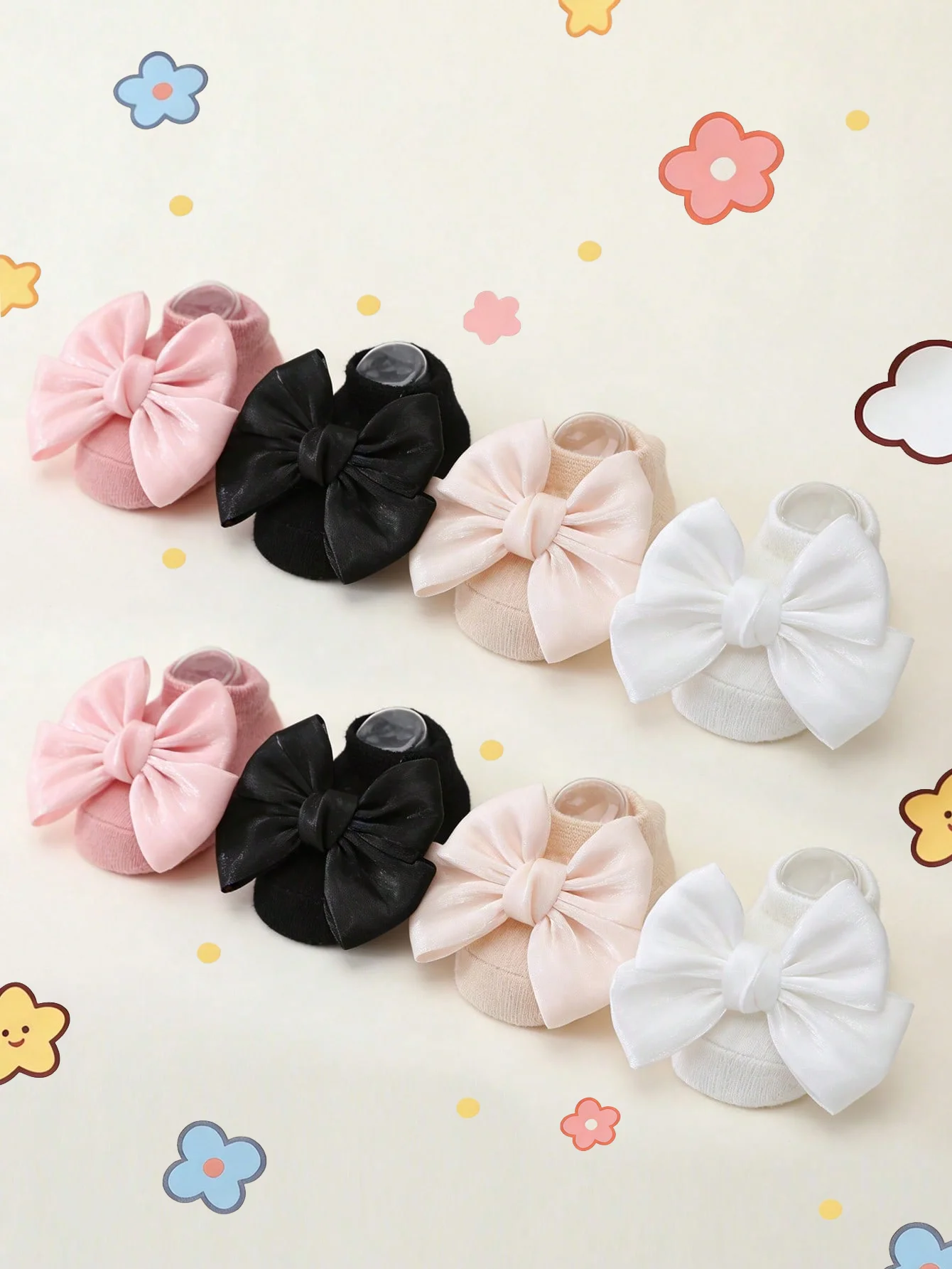 4 Pairs of Baby Girls' Bowknots Decorative Short Socks, Soft Anti-Slip Cotton Ankle Socks Suitable for Girls to Wear in All Seasons