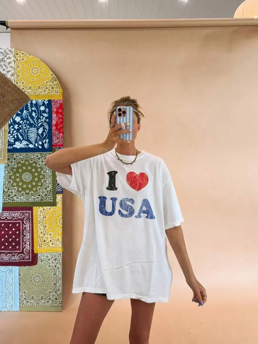 Women's I Love USA Heart Print Fall Beach Vacation Travel Casual Short Sleeve Crew Neck Graphic T‑Shirt Tee Top