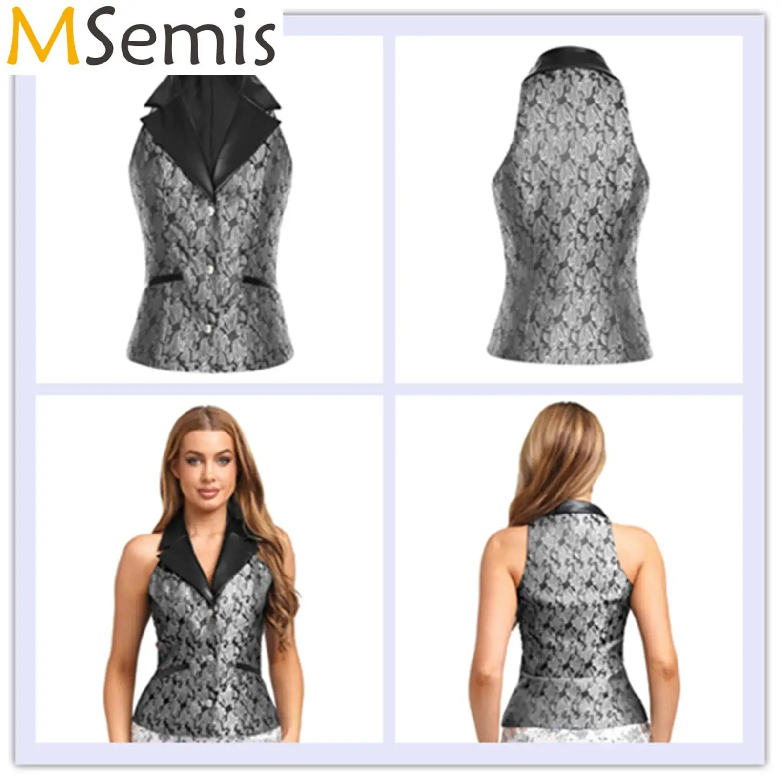 

Womens Retro Jacquard Medieval Vintage Waistcoat Leather Notch Lapel Vest Renaissance Gothic Costume Steampunk Slim-fit Vest