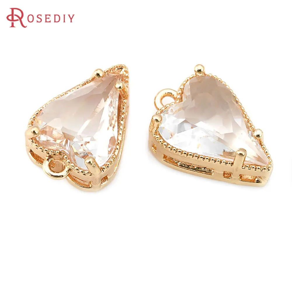 10PCS 18K Gold Color Brass and Glass Heart Charms Pendants High Quality Jewelry Making Necklace Earrings Accessories for Women