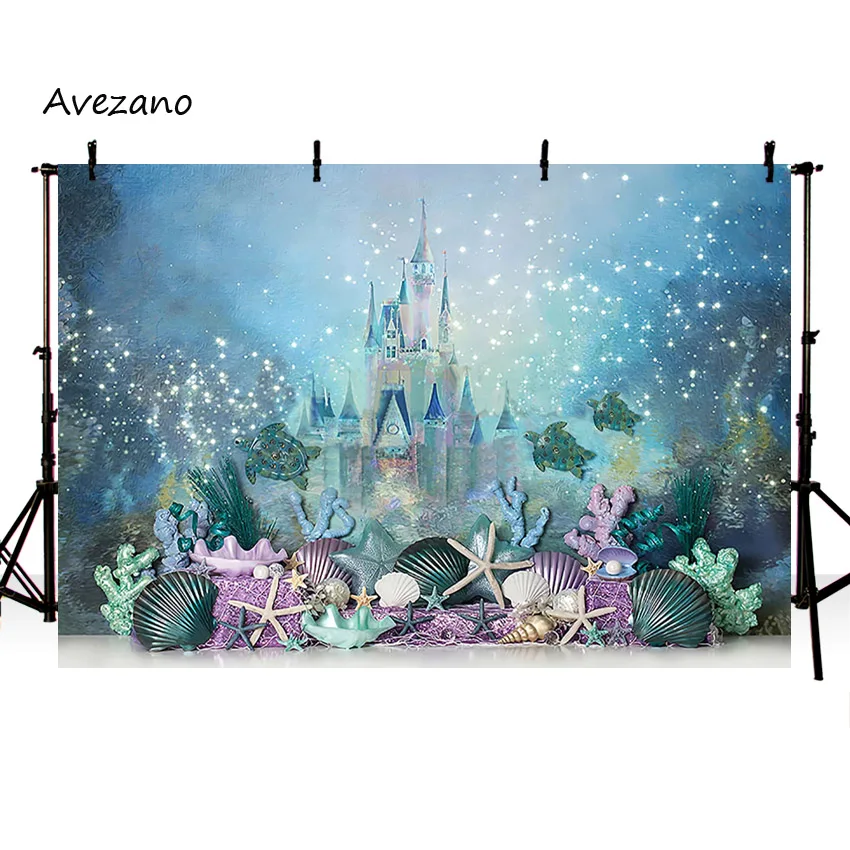 Avezano Mermaid ฉากหลังภายใต้ Sea ปราสาทใต้น้ำสาววันเกิดภาพเค้ก Smash ตกแต่งถ่ายภาพ Props พื้นหลัง