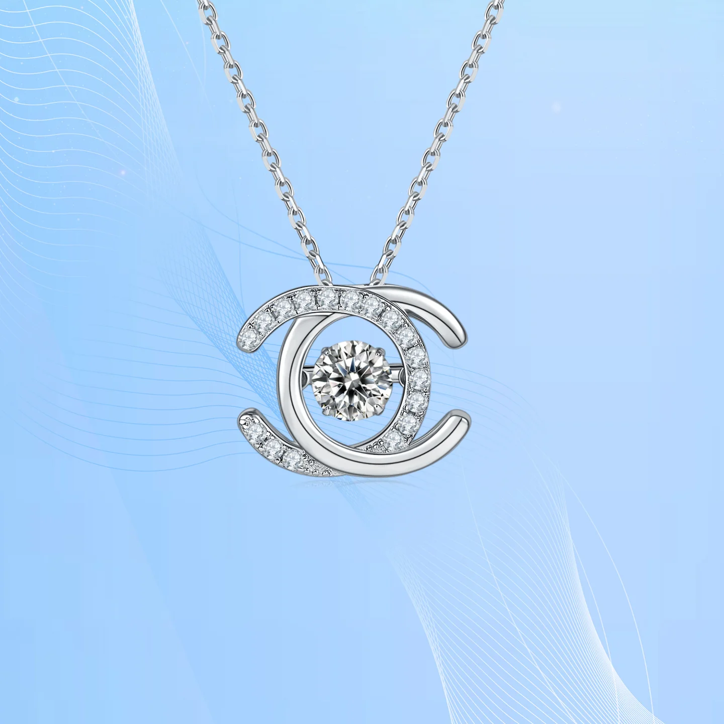 KNRIQUEN Double C Moissanite Pendant Necklace D Color 925 Sterling Silver 18K White Gold Plated  Whit GRA Certificate