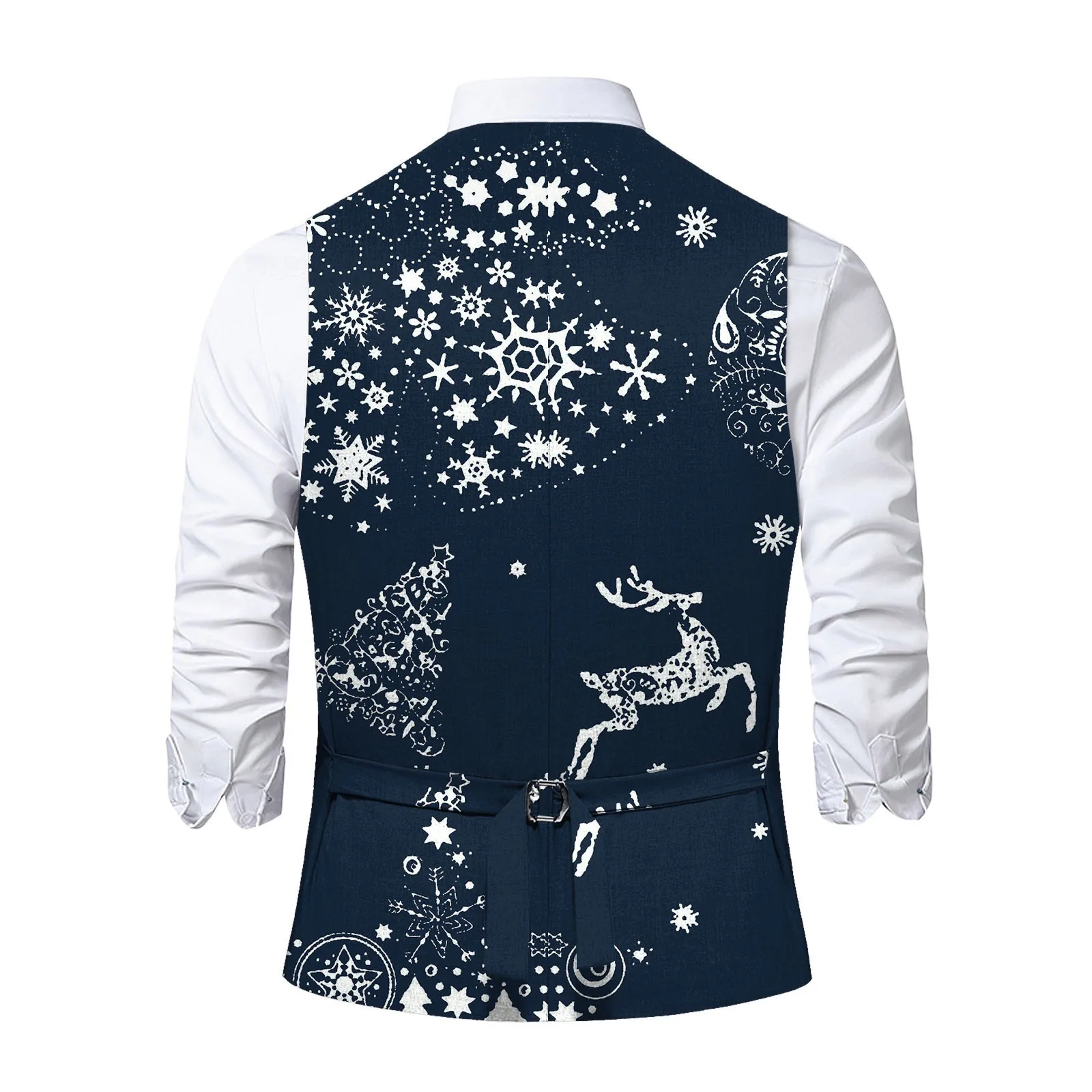 Christmas Snowflakes Printed Pocket Vest Jacket Single Breasted Sleeveless V Neck Blazer Winter Slim Fit Suit Vest for Men