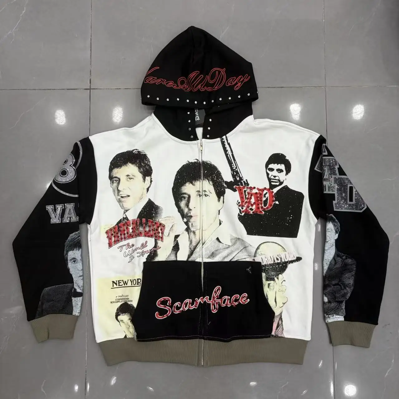 Contrast Color Character Shinning Diamond Zipper Hooded Hoodie for Men and Women Loose Cardigan Rhinestone Sweatshirt Jacket