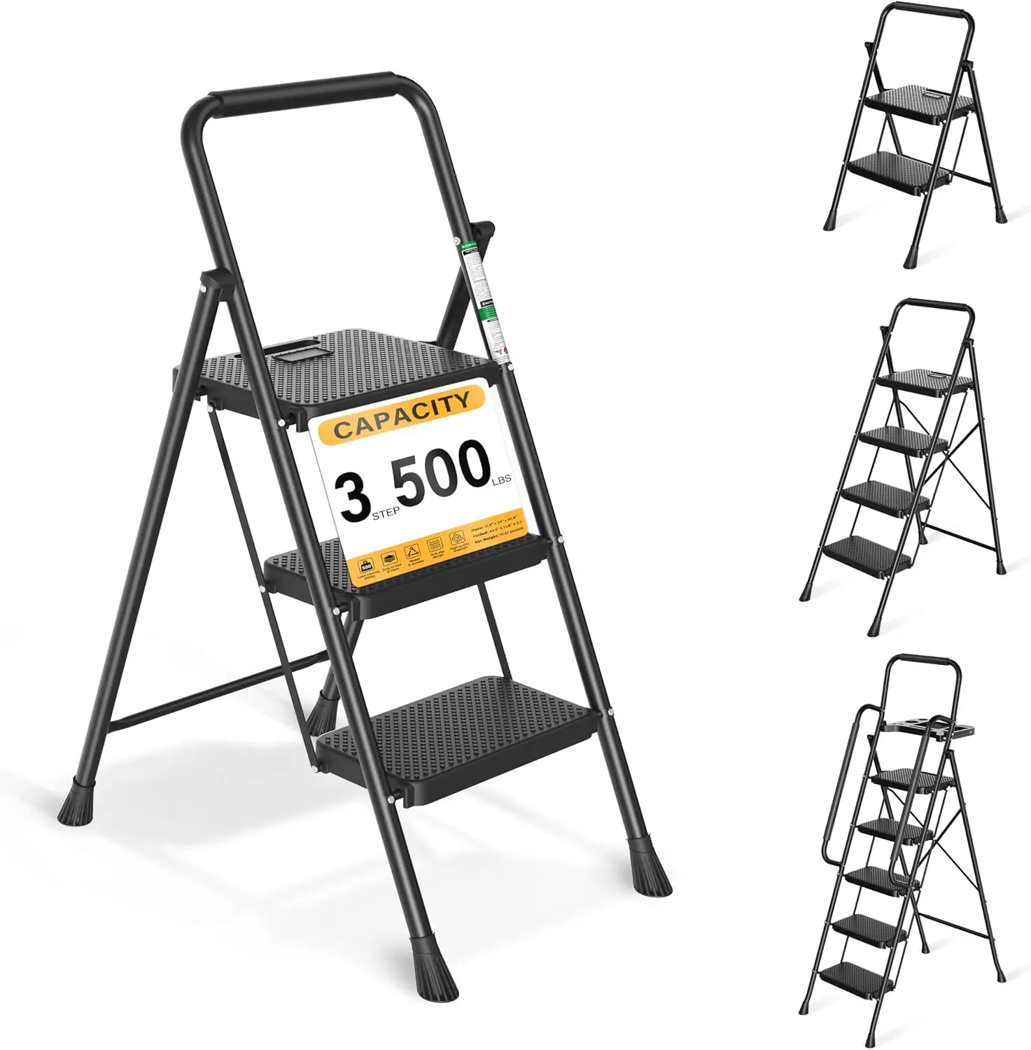 3 Step Folding Ladder, Anti-Slip Pedals, Sturdy Steel, Portable, Space-Saving for Home & Adults