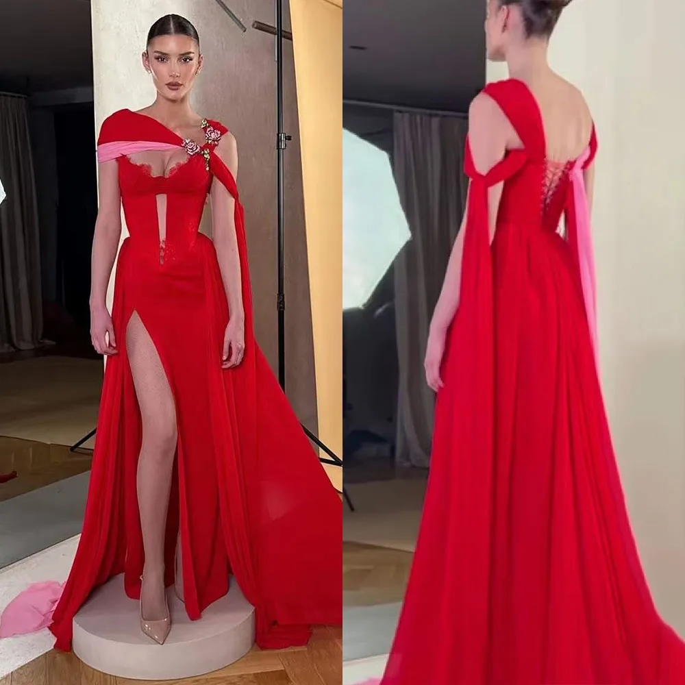 

High Quality Customized Backless High Slit Sleeveless and Floor Skirt Brush Style Trailing Red A-line Skirt for Women Prom Dress