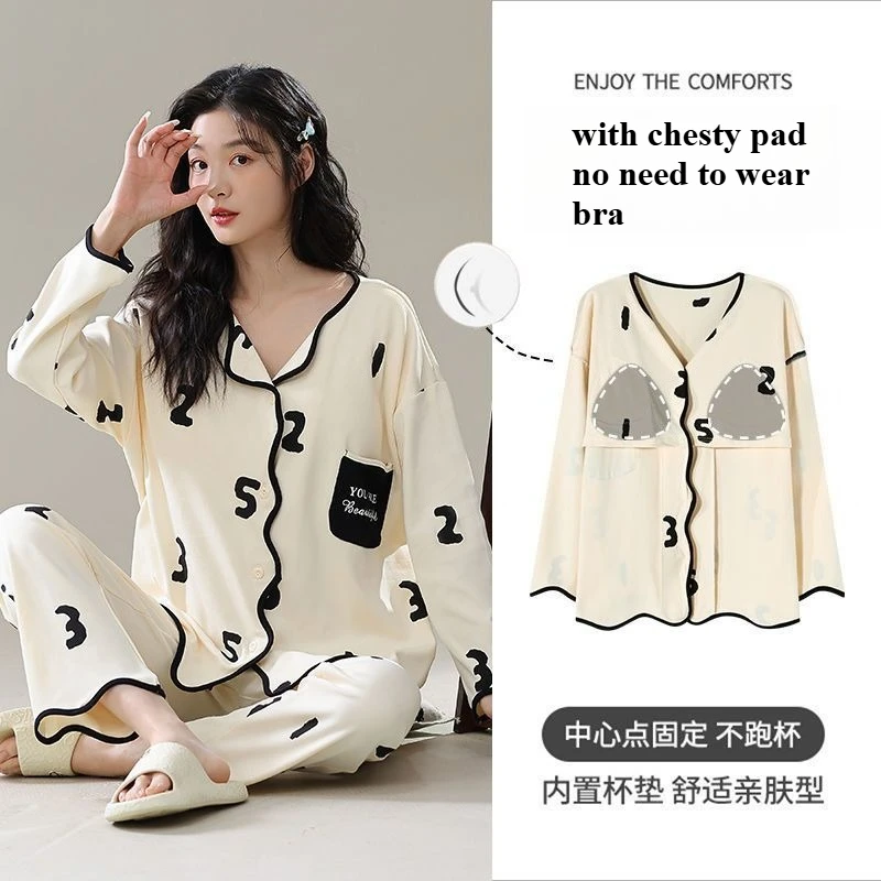 Pijamas De Mujer 2025 New Pajamas for Women with Chast Pad Sleepwear Kawaii Clothes Cute Girl Cardigan Long Sleeves Loungewear