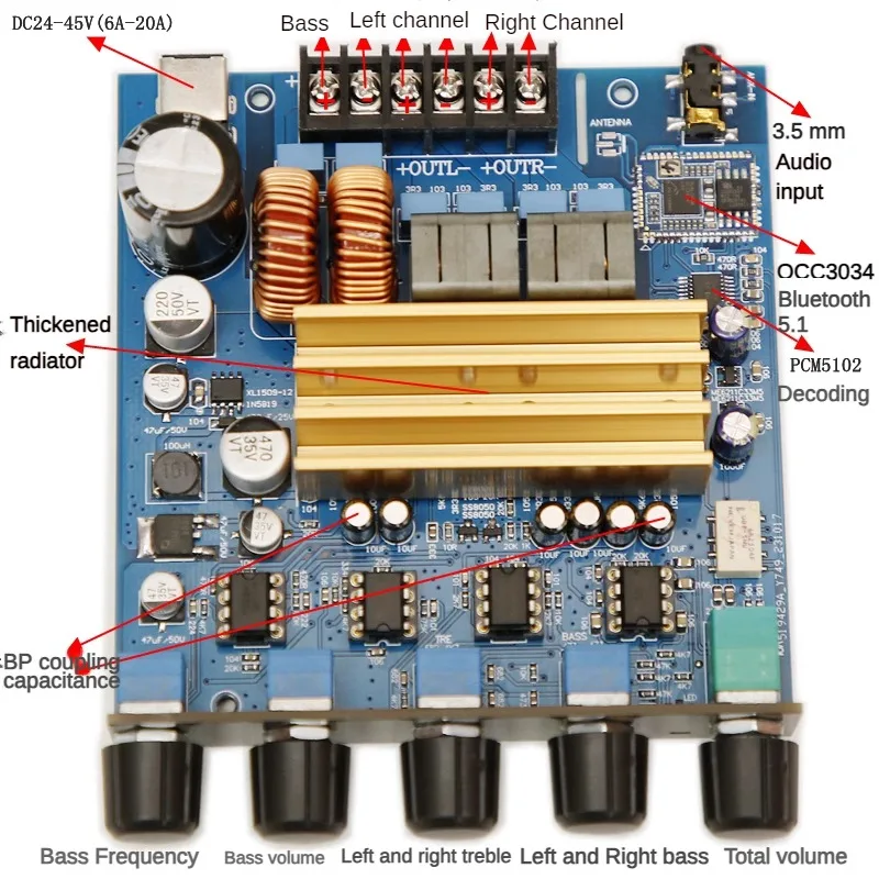 TPA3223+QCC3034 Bluetooth 5.1 Digital Amplifier Board 400W+200 * 2 Subwoofer Audio AMP With PCM5102 Decode DC24V-45V