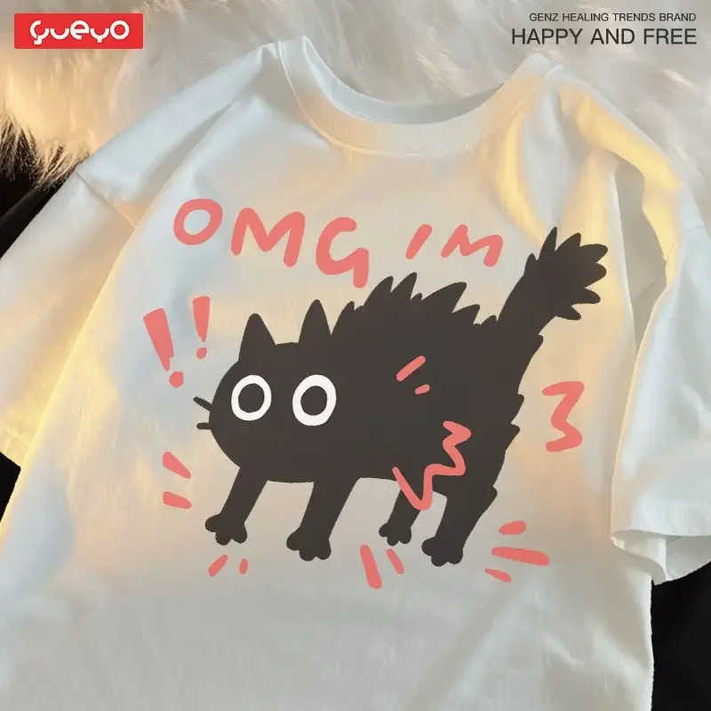 Harajuku Scare Cat Print oversized t shirt Casual Cat Dog Fried Hair Tops Summer Relaxed New in vintage Y2k women clothing