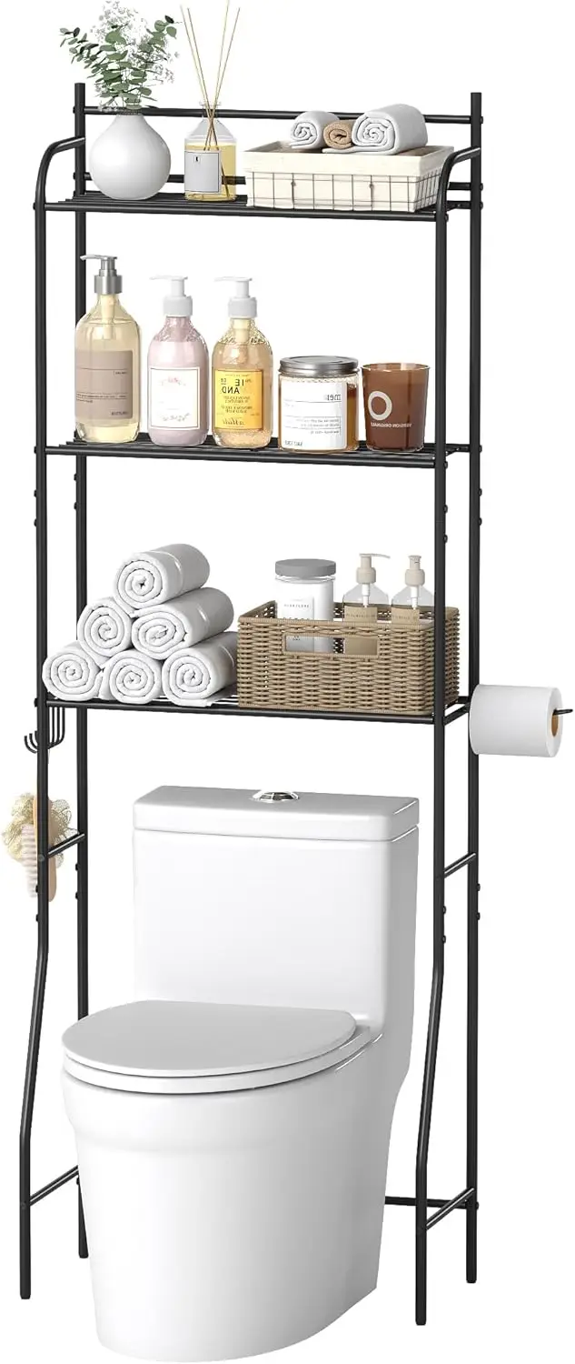 

3-Tier Over The Toilet Storage, Bathroom Organizer, Space-Saving, Above Toilet Storage Rack with 4 Hooks and Paper Holde