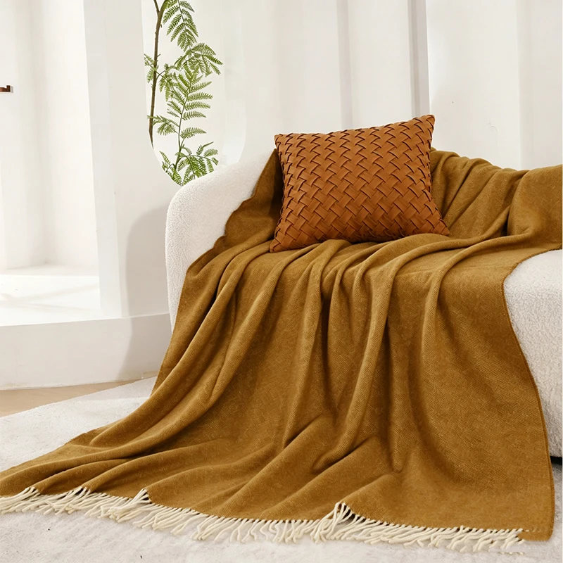 100% Wool Blanket For Couch 1.4*1.85m Warm Napping Merino Fleece Blankets Sofa Camping Four-Season Wool Tassel Shawl Blankets