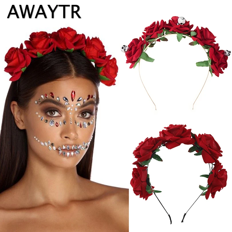 AWAYTR Halloween Red Rose Skull Hair Band Garland Wedding Hairhoop Cosplay Party Flannel Flowers Hair Crown Headband Festival