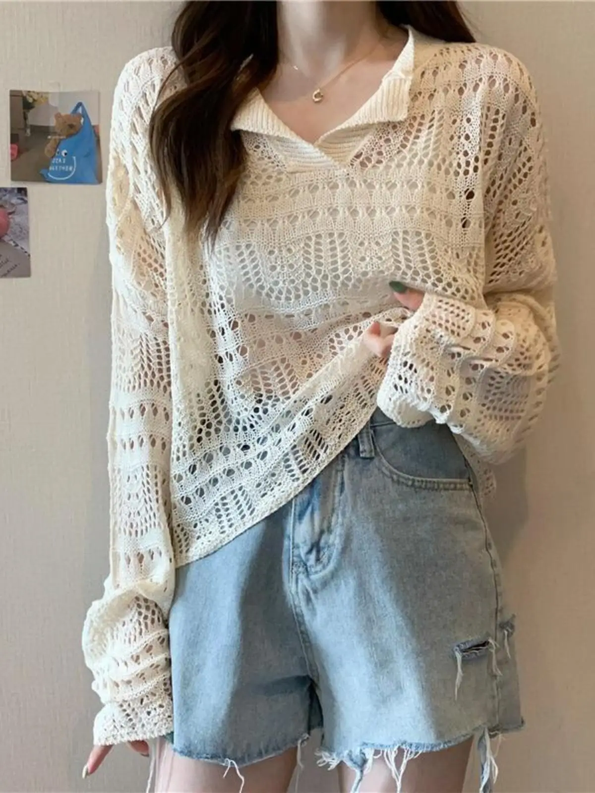 Soie glacée tricoté Long Sve évider mince V-Ne haut femmes été lâche aérien Protection solaire couvrant la climatisation...