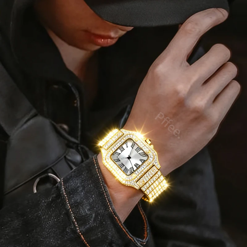 Pffee 18K HipHop Men Watches Rapper Jewelry Silver Gold Plated relojes para caballeros Gift Luxury Quartz Watch Iced Out