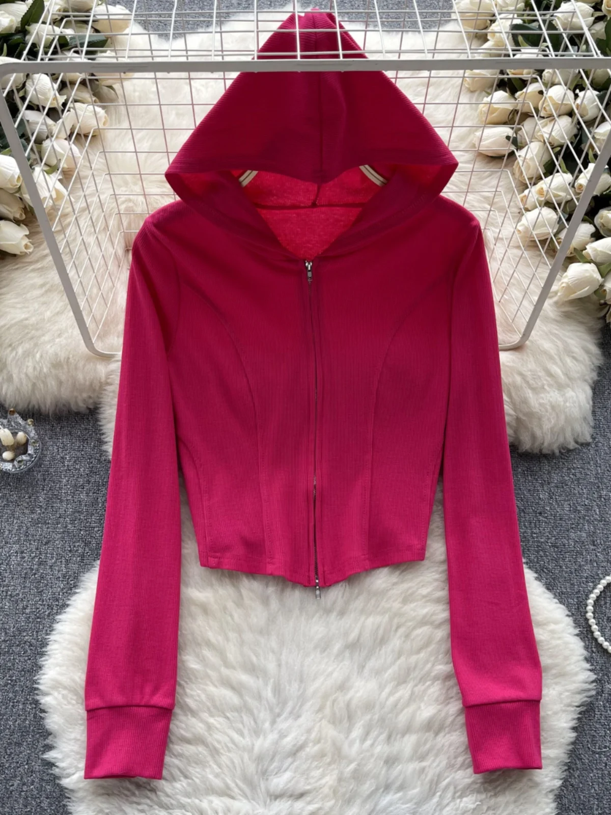 

Casual Spor Pure Color Hooded irt Women's Autumn Zipper Slimming Design Unique Sli Top Trendy Outerwear