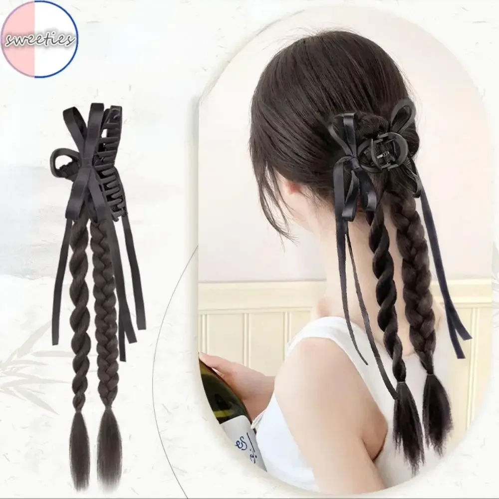 Chinese style Synthetic wigs Ribbon bowknot twisted braid ponytail clip-on woman Simulation boxing braid horsetail wig Extension