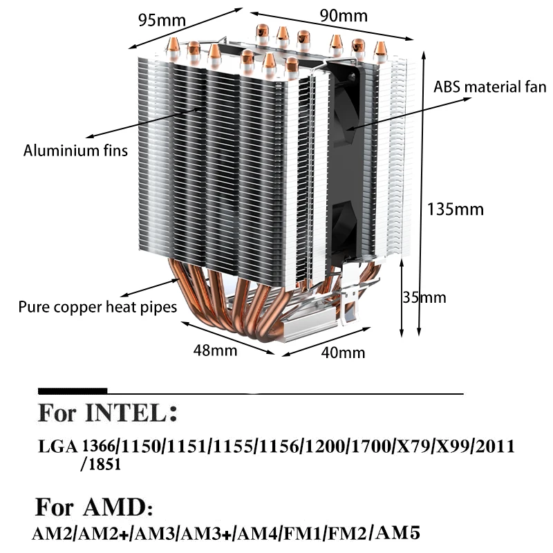 6 Heatpipes CPU Air Cooler 4Pin Quiet 90MM PC Radiator ventilador Intel LGA 1700 2011 1200 1366 115X X79 X99 E5 AMD AM3 AM5 AM4