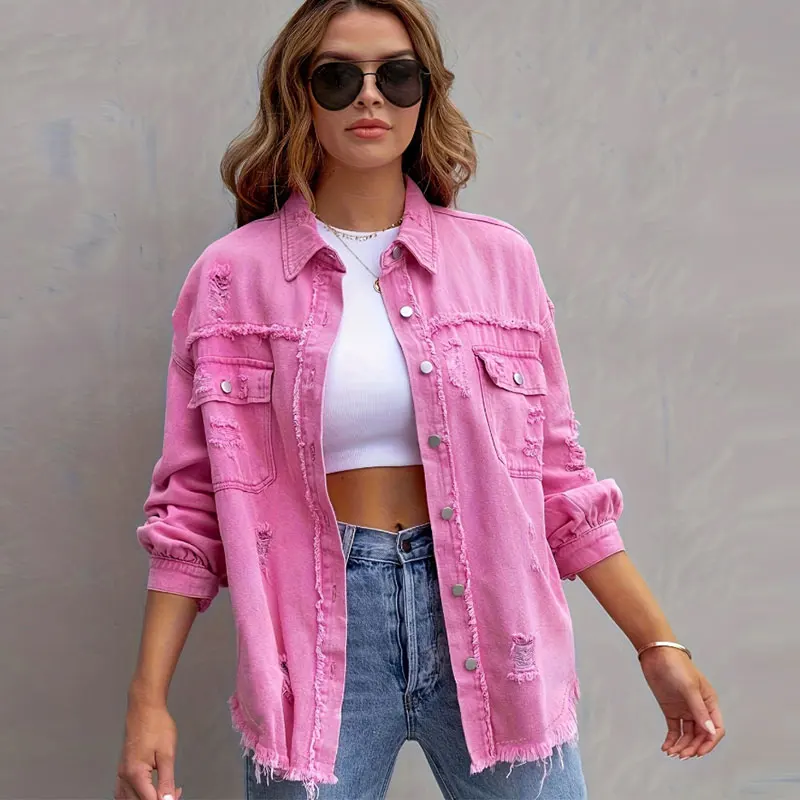 

2025 New Leisure Denim Jacket Women Solid Color, Loose, Ripped, Long-Sleeved, Lapel, Fashionable Elegant Denim Jacket Female